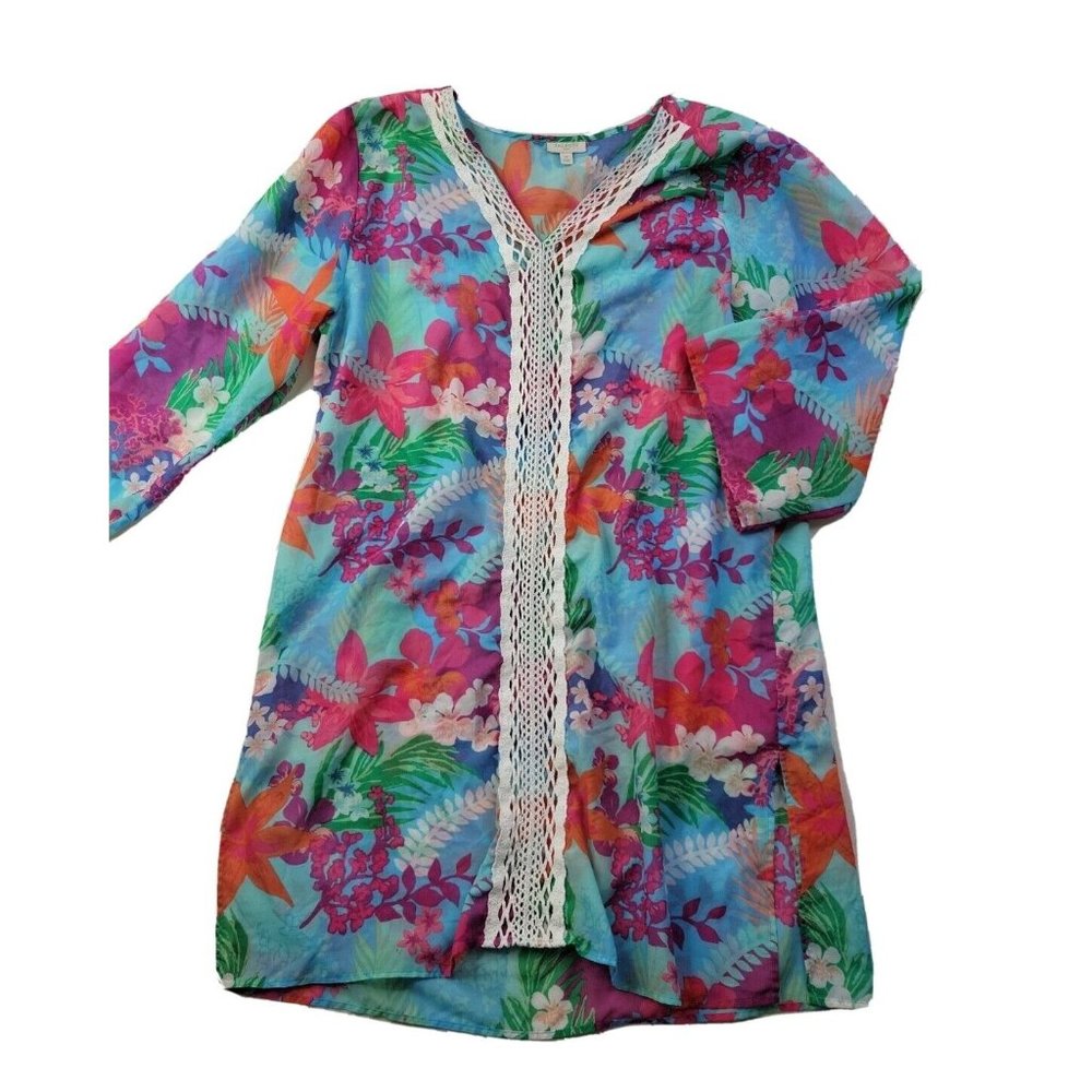 Talbots Women M Sheer Floral Dress Beach Pool Cover-Up Crochet Trim 3/4 Sleeves